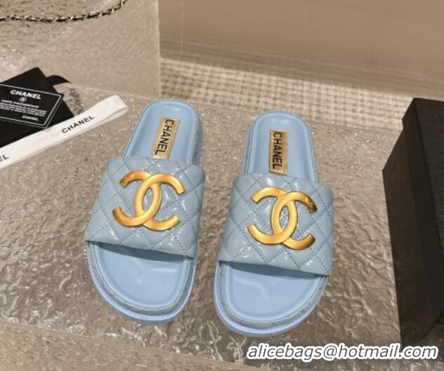 Best Price Chanel Patent Calfskin Slide Sandals with Metal-Tone Maxi-CC Light Blue 323028