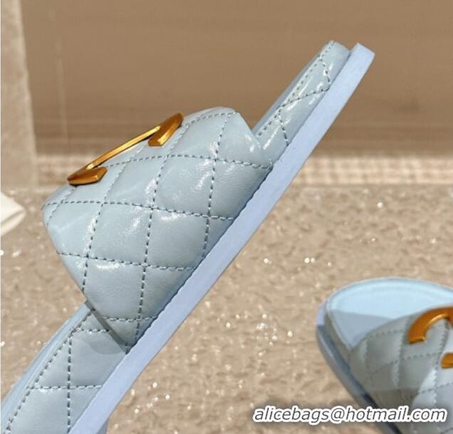 Best Price Chanel Patent Calfskin Slide Sandals with Metal-Tone Maxi-CC Light Blue 323028