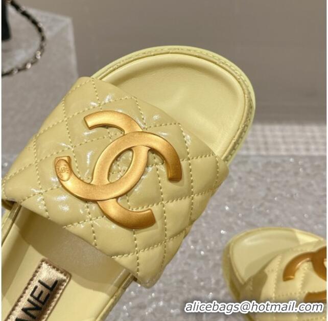 Purchase Chanel Patent Calfskin Slide Sandals with Metal-Tone Maxi-CC Yellow 323029