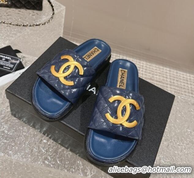 Best Product Chanel Patent Calfskin Slide Sandals with Metal-Tone Maxi-CC Dark Blue 323030