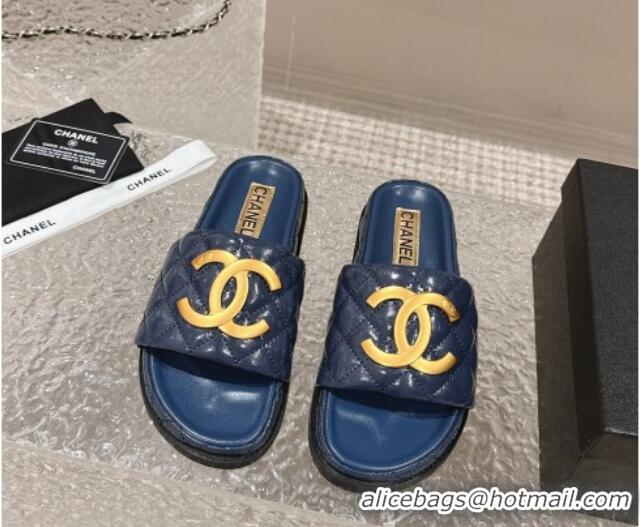 Best Product Chanel Patent Calfskin Slide Sandals with Metal-Tone Maxi-CC Dark Blue 323030