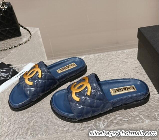 Best Product Chanel Patent Calfskin Slide Sandals with Metal-Tone Maxi-CC Dark Blue 323030