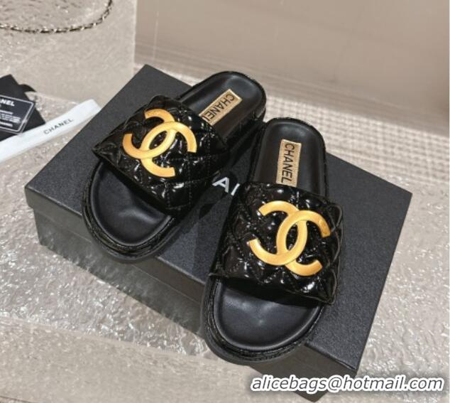 Grade Quality Chanel Patent Calfskin Slide Sandals with Metal-Tone Maxi-CC Black 323031