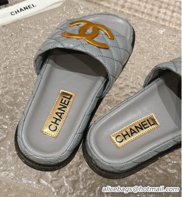 Unique Style Chanel Patent Calfskin Slide Sandals with Metal-Tone Maxi-CC Grey 323032