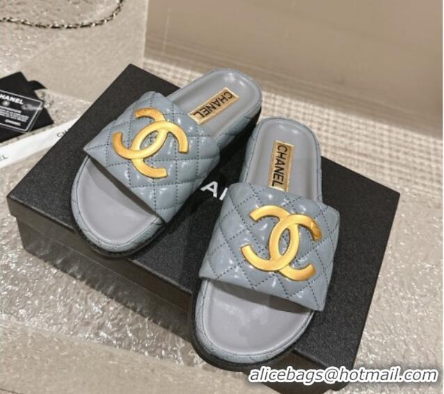 Unique Style Chanel Patent Calfskin Slide Sandals with Metal-Tone Maxi-CC Grey 323032