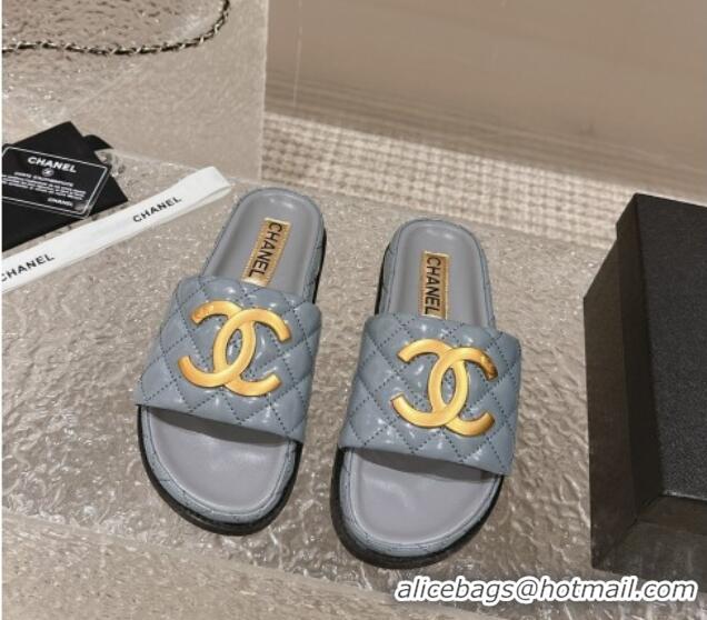 Unique Style Chanel Patent Calfskin Slide Sandals with Metal-Tone Maxi-CC Grey 323032