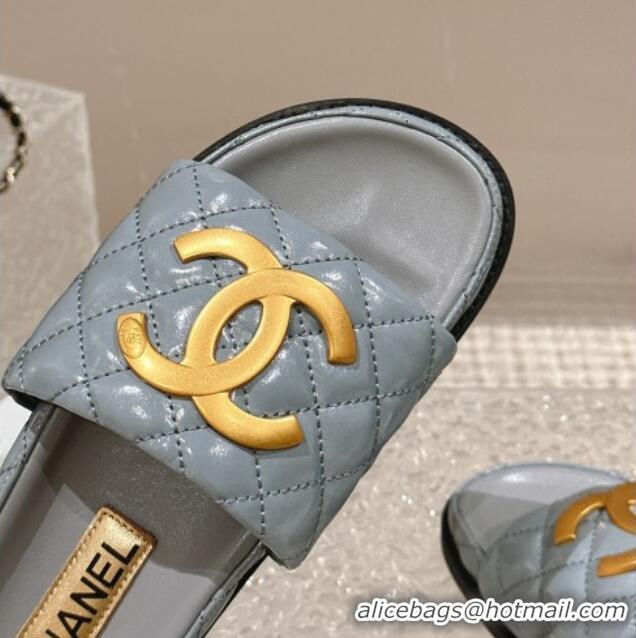 Unique Style Chanel Patent Calfskin Slide Sandals with Metal-Tone Maxi-CC Grey 323032