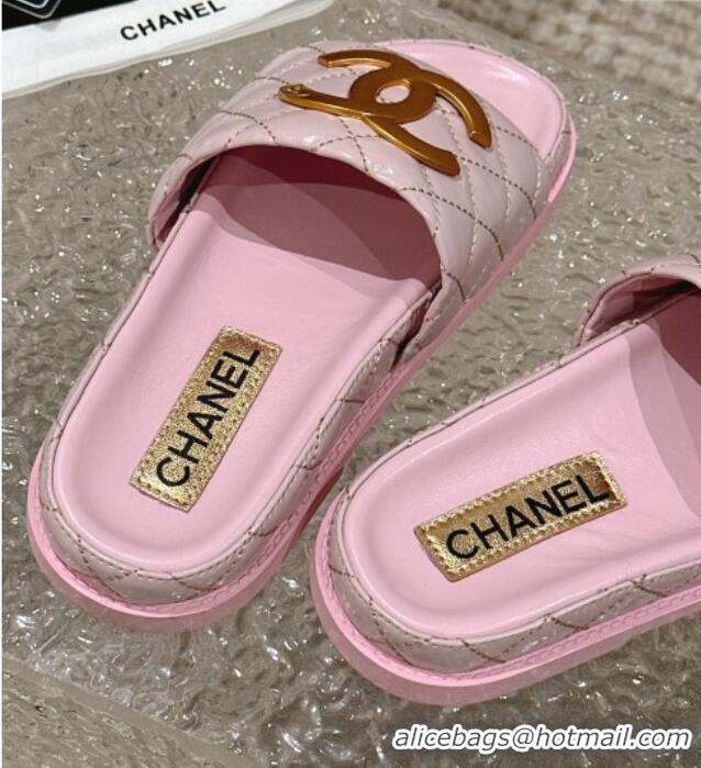 Classic Hot Chanel Patent Calfskin Slide Sandals with Metal-Tone Maxi-CC Pink 323034