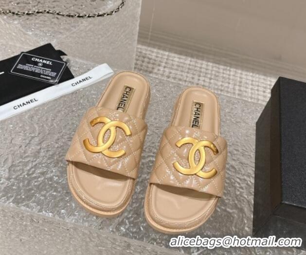 Shop Duplicate Chanel Patent Calfskin Slide Sandals with Metal-Tone Maxi-CC Beige 323035