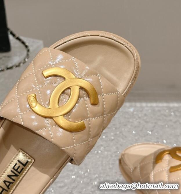 Shop Duplicate Chanel Patent Calfskin Slide Sandals with Metal-Tone Maxi-CC Beige 323035