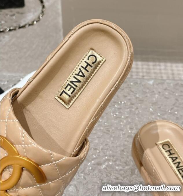 Shop Duplicate Chanel Patent Calfskin Slide Sandals with Metal-Tone Maxi-CC Beige 323035