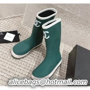 Top Design Chanel Rubber Platform Rain Boots with CC Green 323038