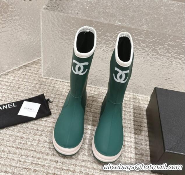 Top Design Chanel Rubber Platform Rain Boots with CC Green 323038