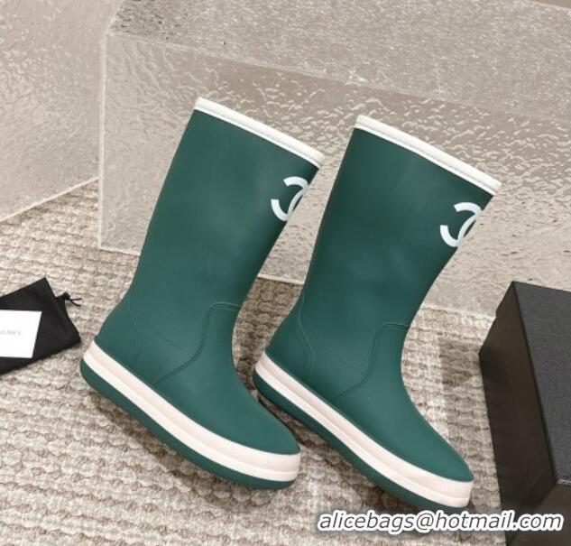 Top Design Chanel Rubber Platform Rain Boots with CC Green 323038