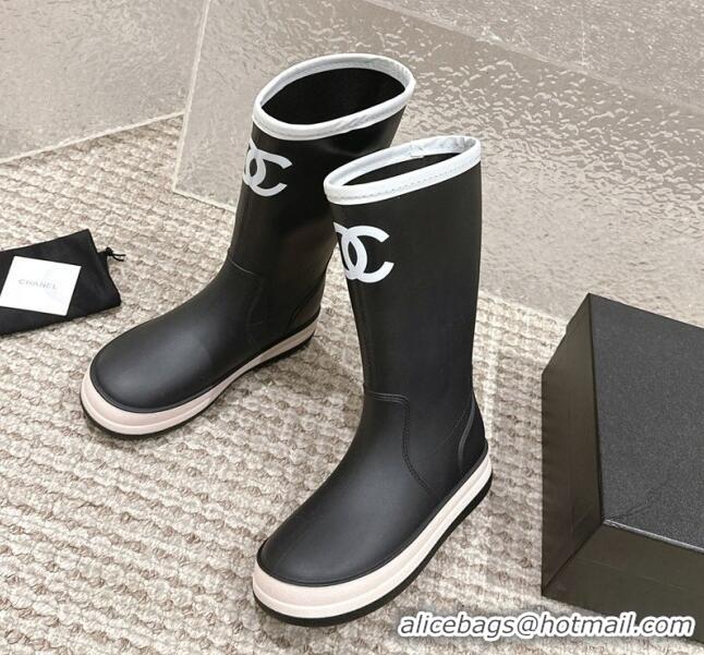 Luxurious Chanel Rubber Platform Rain Boots with CC Black 0323039