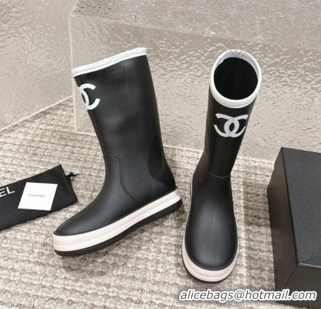 Luxurious Chanel Rubber Platform Rain Boots with CC Black 0323039