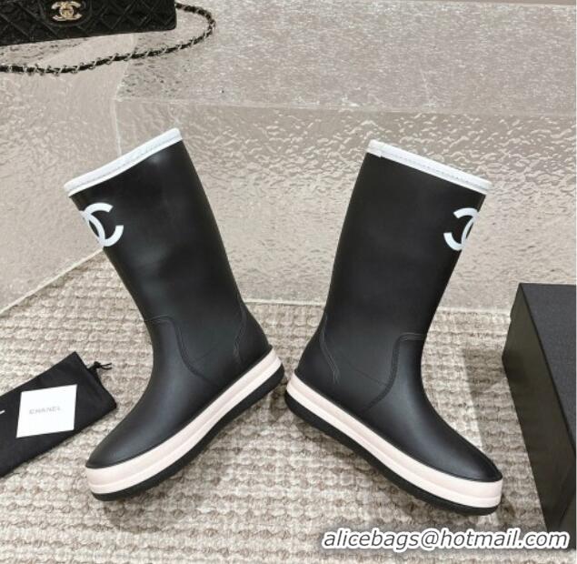 Luxurious Chanel Rubber Platform Rain Boots with CC Black 0323039