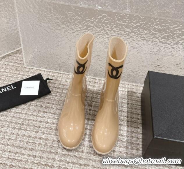 Lowest Cost Chanel patent Rubber Heel Rain Boots with CC Beige 323041