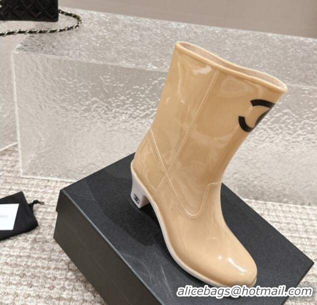 Lowest Cost Chanel patent Rubber Heel Rain Boots with CC Beige 323041