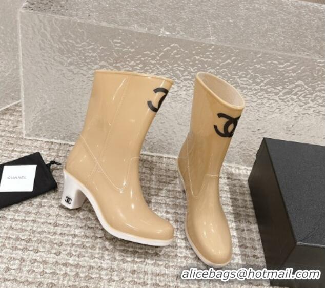 Lowest Cost Chanel patent Rubber Heel Rain Boots with CC Beige 323041