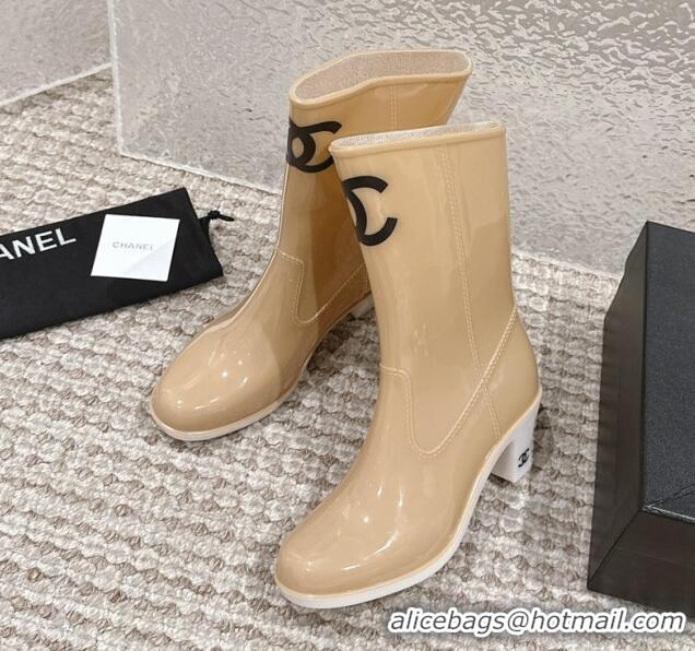 Lowest Cost Chanel patent Rubber Heel Rain Boots with CC Beige 323041