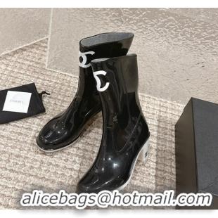 Unique Style Chanel patent Rubber Heel Rain Boots with CC Black 323042