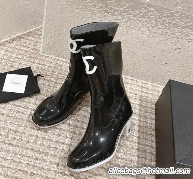 Unique Style Chanel patent Rubber Heel Rain Boots with CC Black 323042