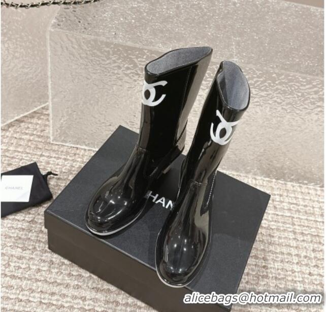 Unique Style Chanel patent Rubber Heel Rain Boots with CC Black 323042