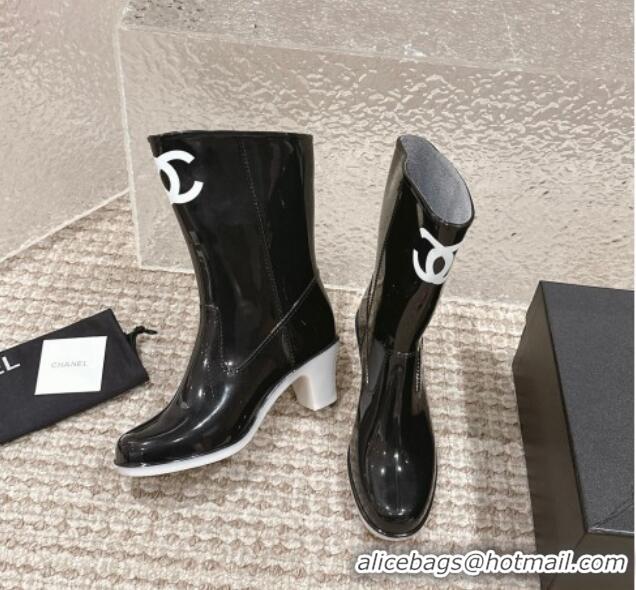 Unique Style Chanel patent Rubber Heel Rain Boots with CC Black 323042