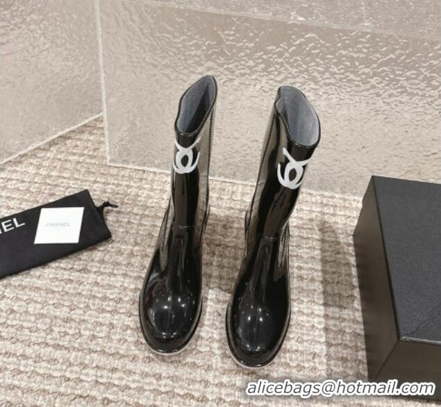 Unique Style Chanel patent Rubber Heel Rain Boots with CC Black 323042