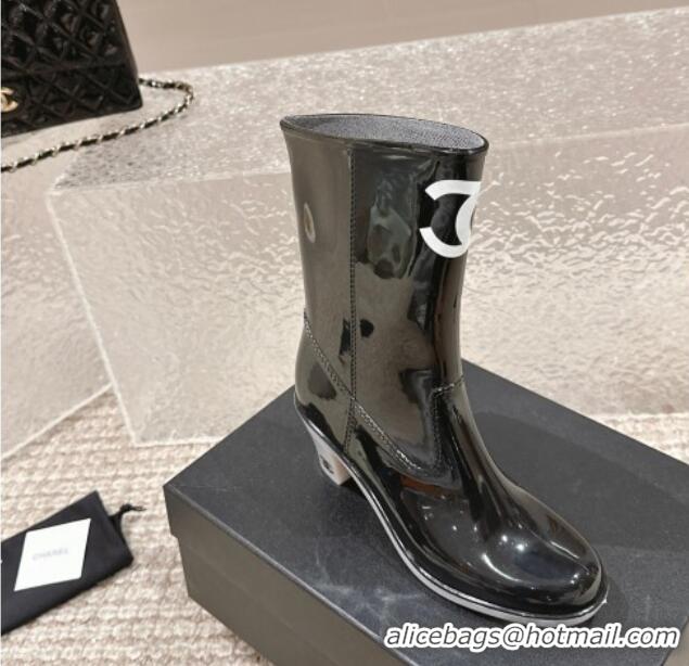 Unique Style Chanel patent Rubber Heel Rain Boots with CC Black 323042