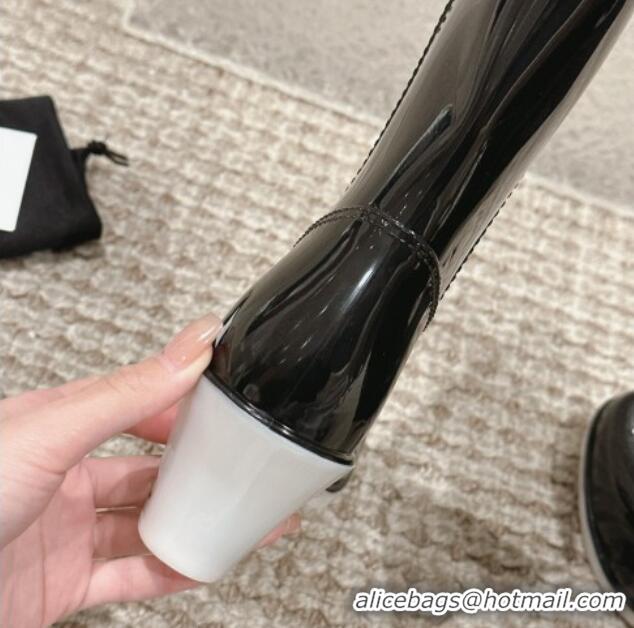 Unique Style Chanel patent Rubber Heel Rain Boots with CC Black 323042