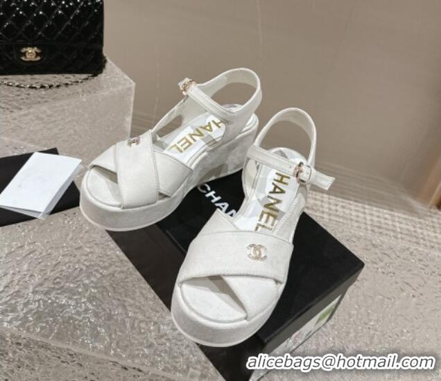 Charming Chanel Suede Wedge Sandals with Crystal CC G39918 White 323043