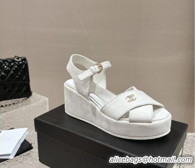 Charming Chanel Suede Wedge Sandals with Crystal CC G39918 White 323043