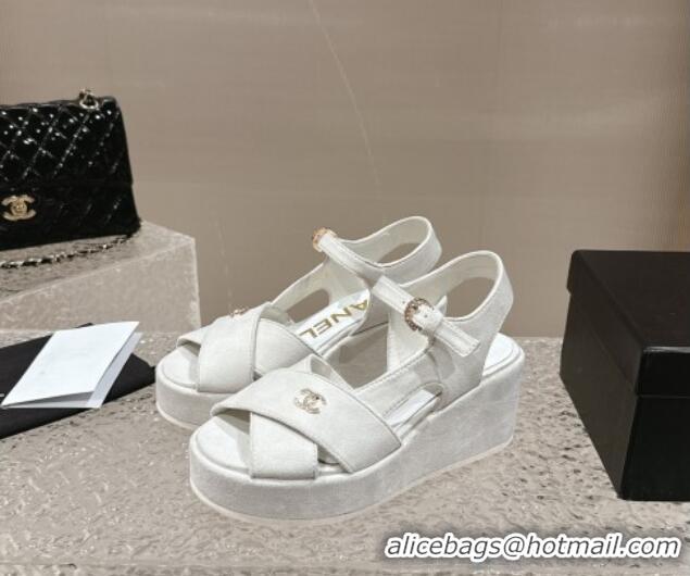 Charming Chanel Suede Wedge Sandals with Crystal CC G39918 White 323043