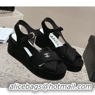 Stylish Chanel Suede Wedge Sandals with Crystal CC G39918 Black 323044