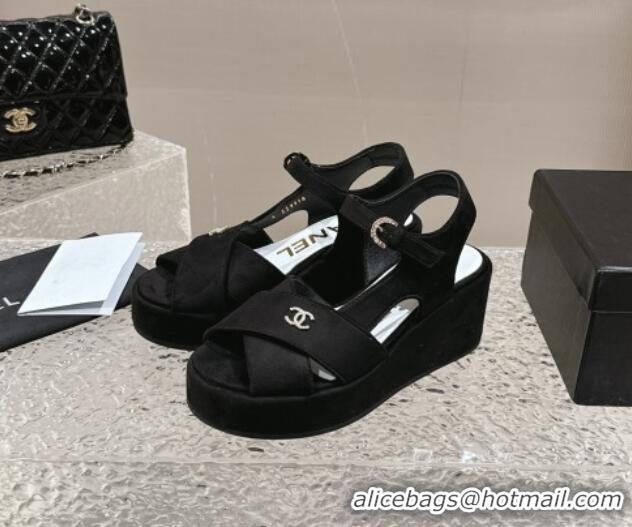 Stylish Chanel Suede Wedge Sandals with Crystal CC G39918 Black 323044