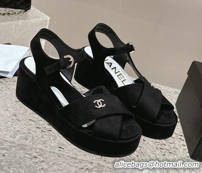 Stylish Chanel Suede Wedge Sandals with Crystal CC G39918 Black 323044