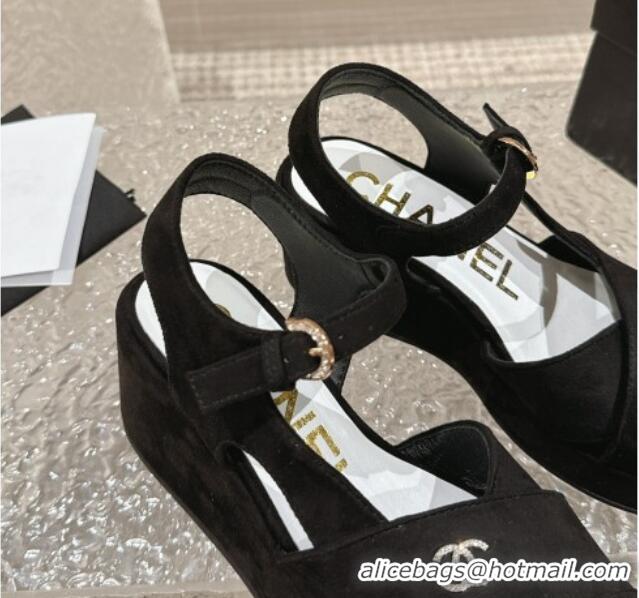 Stylish Chanel Suede Wedge Sandals with Crystal CC G39918 Black 323044