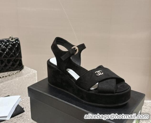 Stylish Chanel Suede Wedge Sandals with Crystal CC G39918 Black 323044