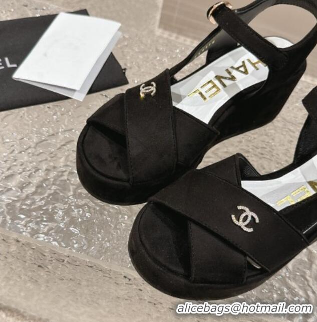 Stylish Chanel Suede Wedge Sandals with Crystal CC G39918 Black 323044