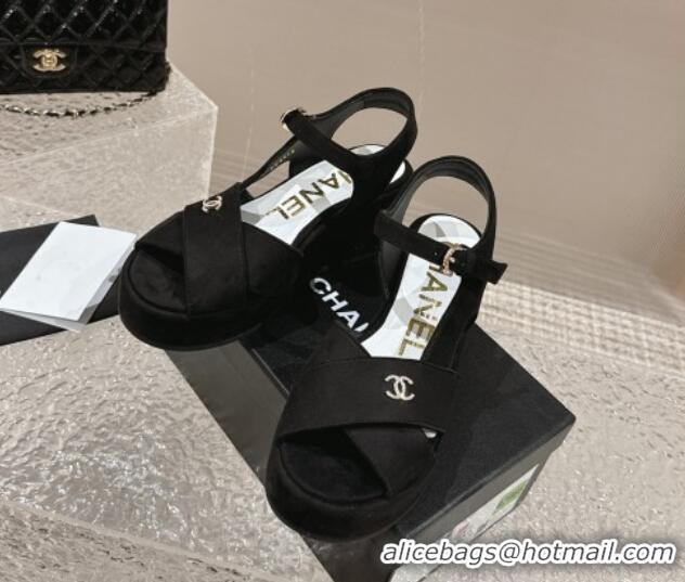 Stylish Chanel Suede Wedge Sandals with Crystal CC G39918 Black 323044