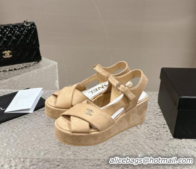 Top Design Chanel Suede Wedge Sandals with Crystal CC G39918 Beige 323045