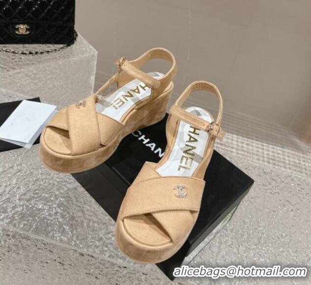 Top Design Chanel Suede Wedge Sandals with Crystal CC G39918 Beige 323045