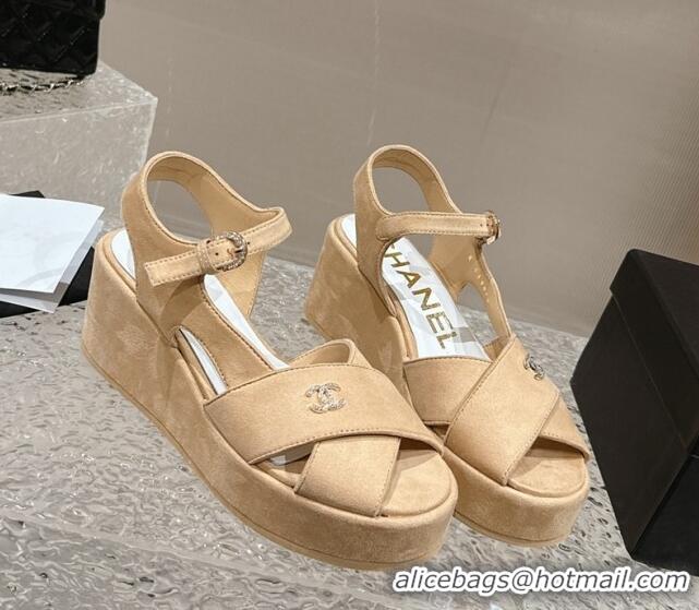 Top Design Chanel Suede Wedge Sandals with Crystal CC G39918 Beige 323045