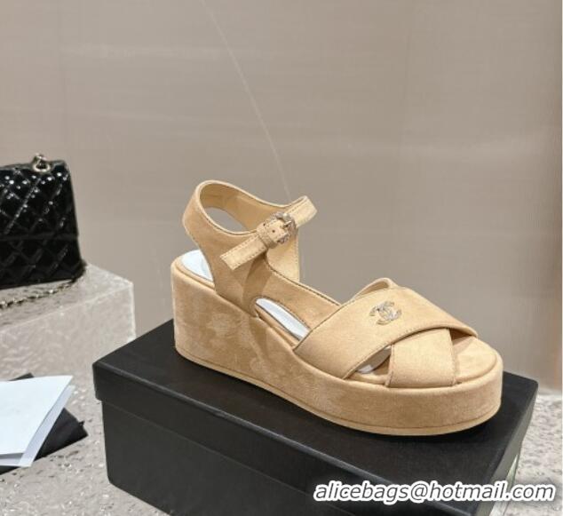 Top Design Chanel Suede Wedge Sandals with Crystal CC G39918 Beige 323045