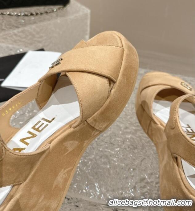 Top Design Chanel Suede Wedge Sandals with Crystal CC G39918 Beige 323045