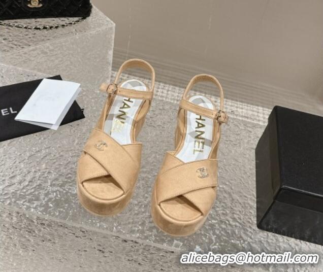 Top Design Chanel Suede Wedge Sandals with Crystal CC G39918 Beige 323045