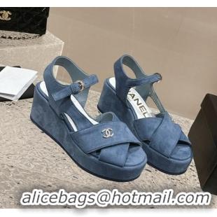 Shop Duplicate Chanel Suede Wedge Sandals with Crystal CC G39918 Dusty Blue 323046