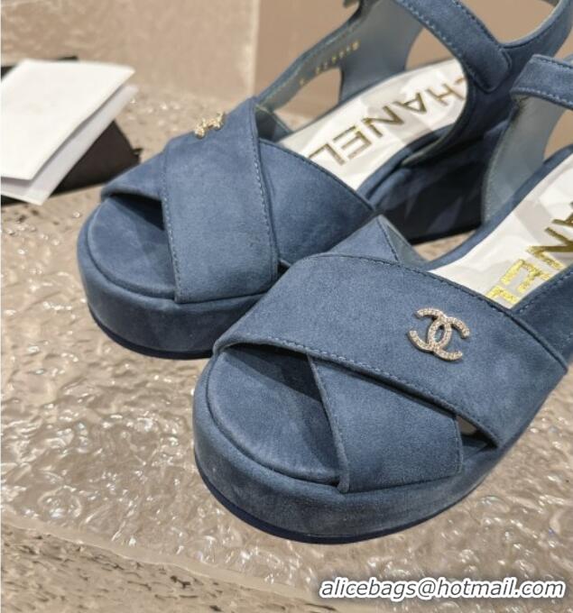 Shop Duplicate Chanel Suede Wedge Sandals with Crystal CC G39918 Dusty Blue 323046